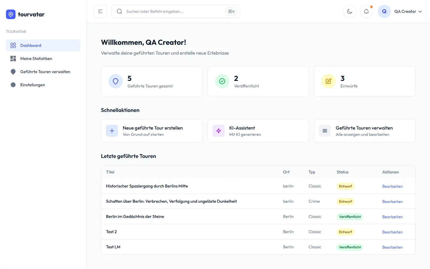 tourvatar Creator-Dashboard mit Tour-Übersicht und Statistiken
