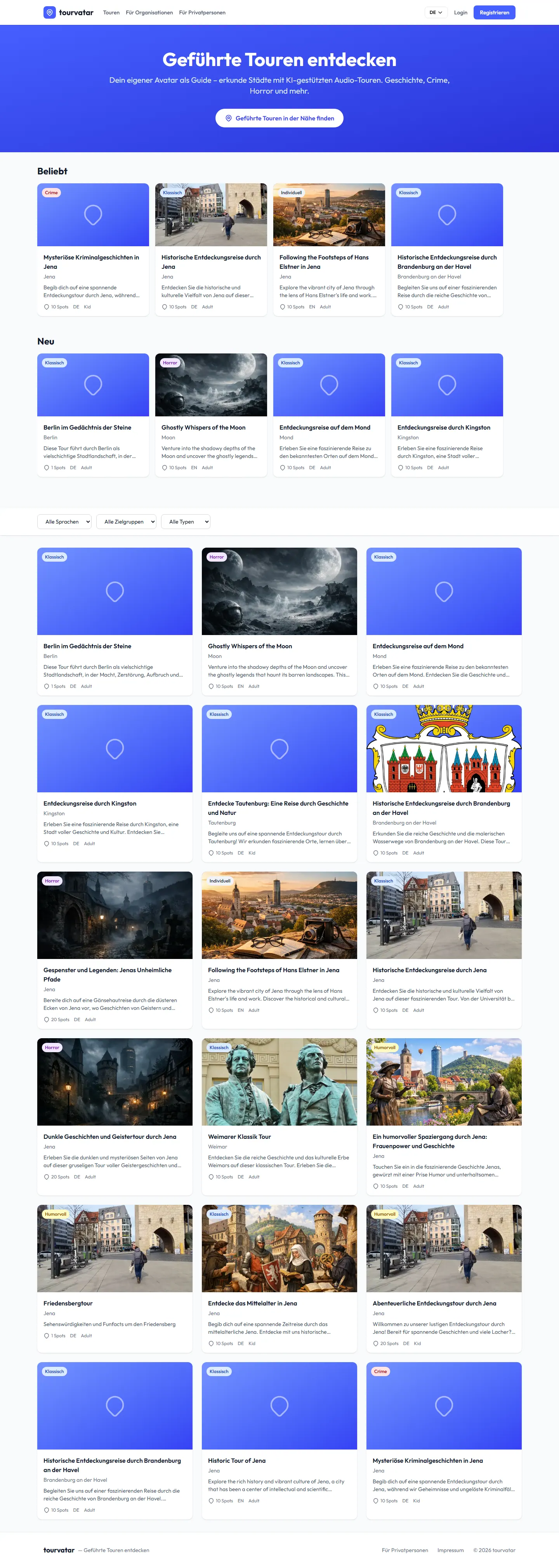 tourvatar Discover-Feed mit kuratierten Touren in der Desktop-Ansicht