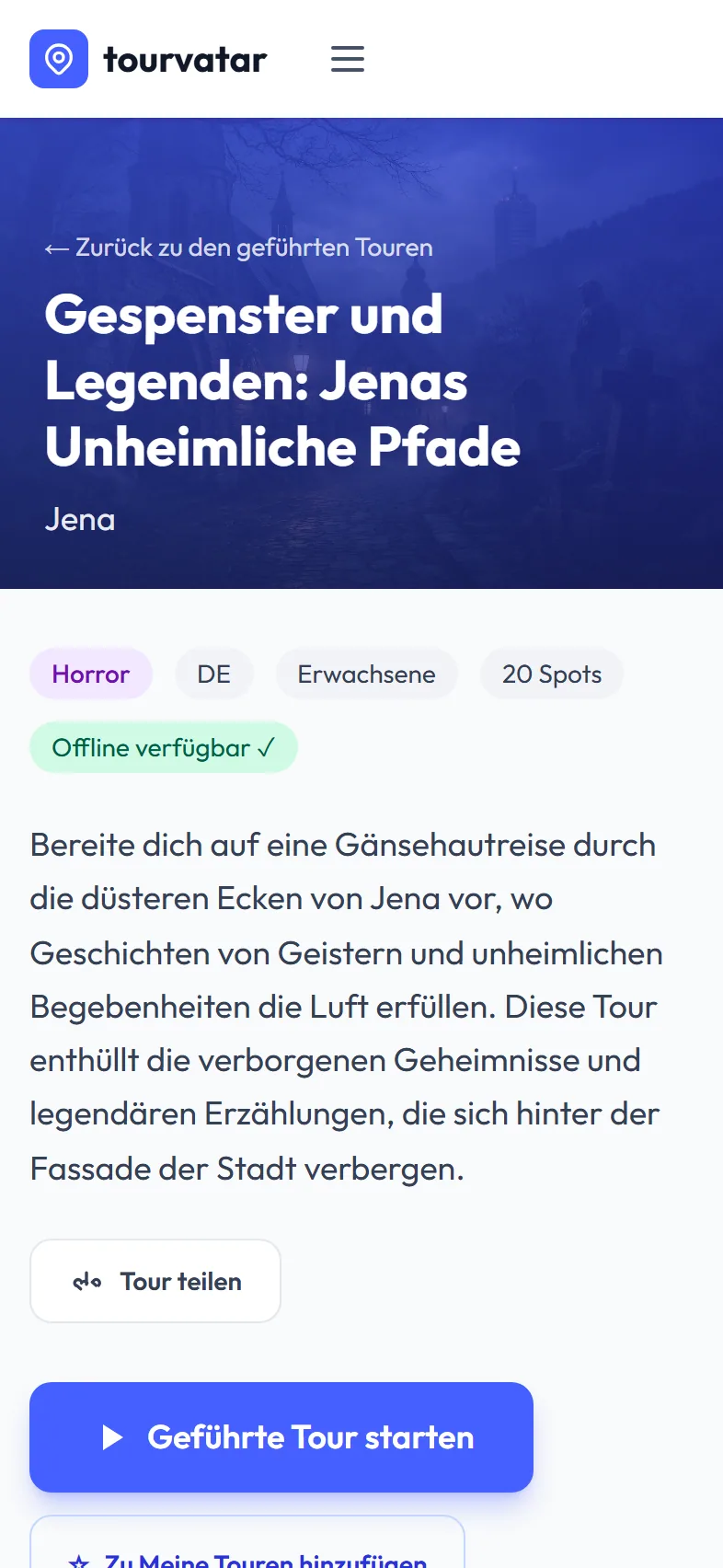 Tour-Detailseite mit Spots und Audio-Vorschau