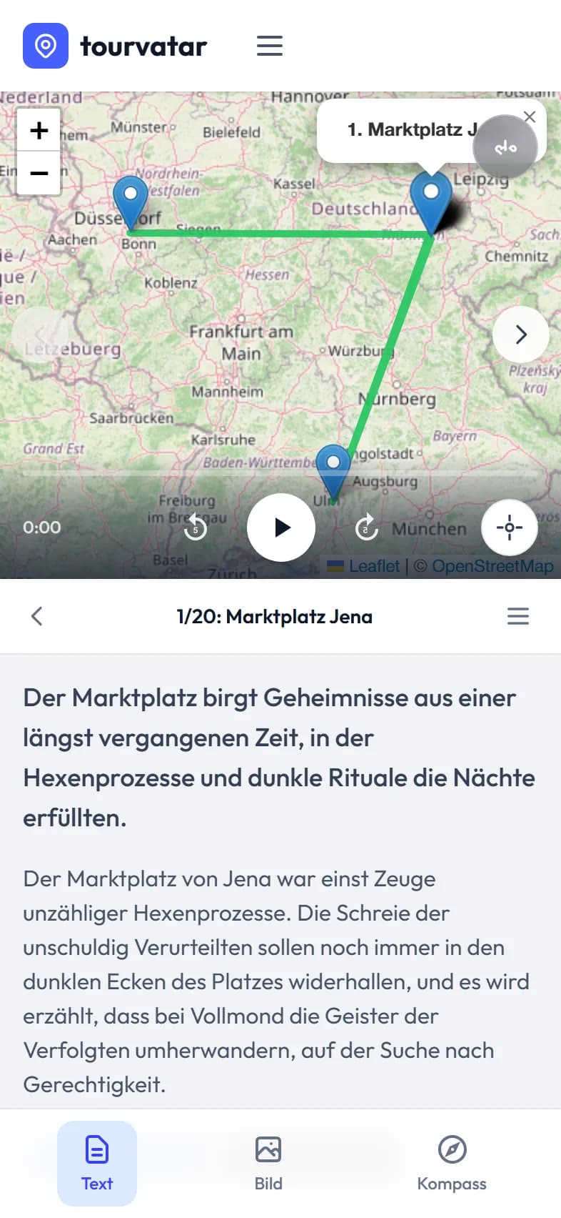 tourvatar Audio-Player mit Karte und Spot-Steuerung auf dem Smartphone